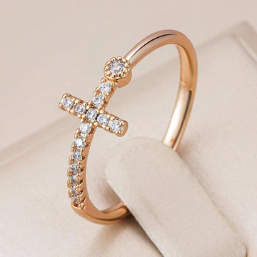 Popular Filled 14K Rose Gold Shiny AAA Zircon Diamonds Faith Cross Rings for Women - High Quality Fine Jewellery